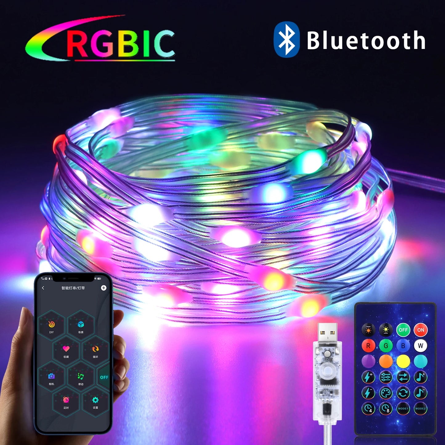 Smart USB LED svetelná reťaz 10/15/20 m – Bluetooth ovládanie, RGB farby, vianočné a dekoračné osvetlenie