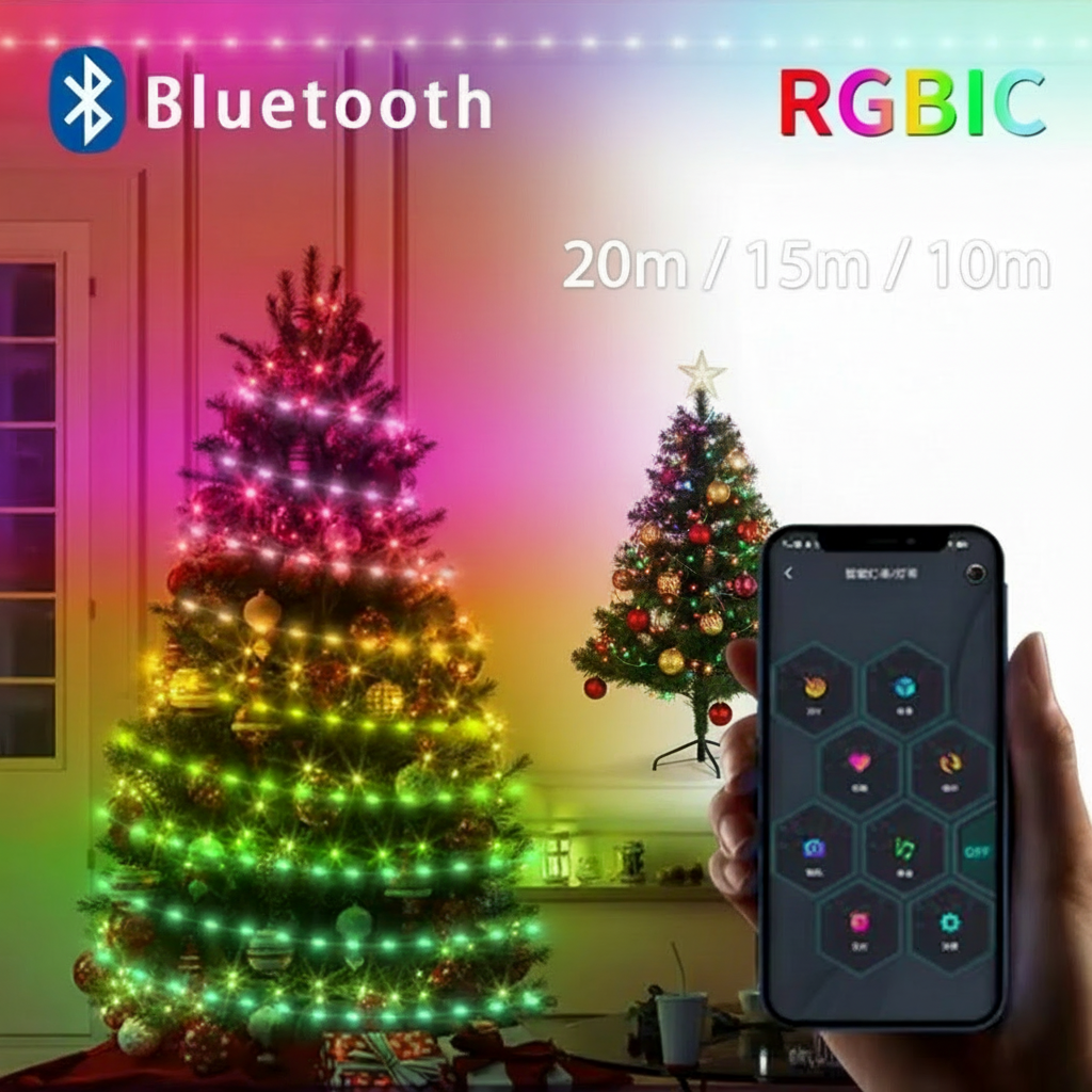 Smart USB LED svetelná reťaz 10/15/20 m – Bluetooth ovládanie, RGB farby, vianočné a dekoračné osvetlenie